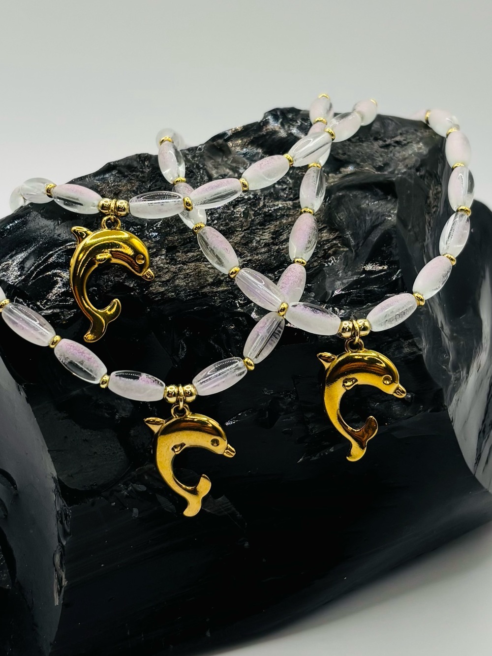 *ANKLET* S.Steel Gold Dolphin & White with Purple Frosted Glass Stretchy Anklet